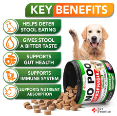 Vet Promise No Poo Chews, golosinas suaves mostradas para premiar hábitos saludables.