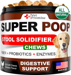 Botella Vet Promise Super Poop Probióticos lista para apoyar digestión equilibrada en perros.