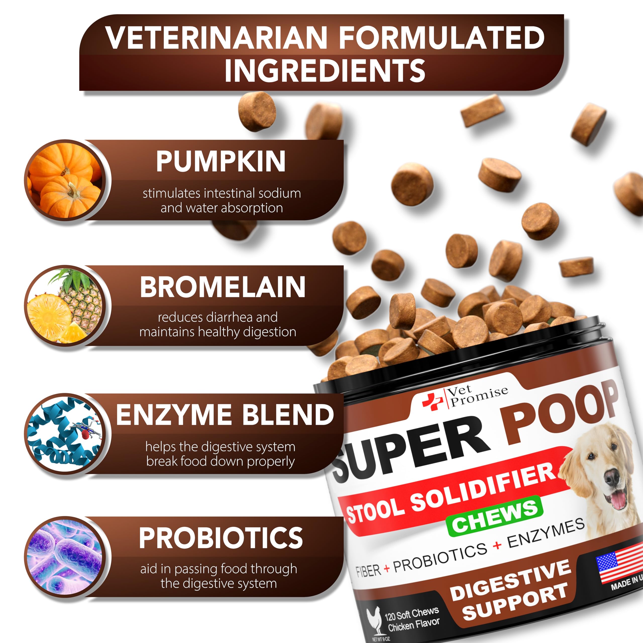 Perro masticando Vet Promise Super Poop Probióticos, sabor agradable para favorecer la regularidad.