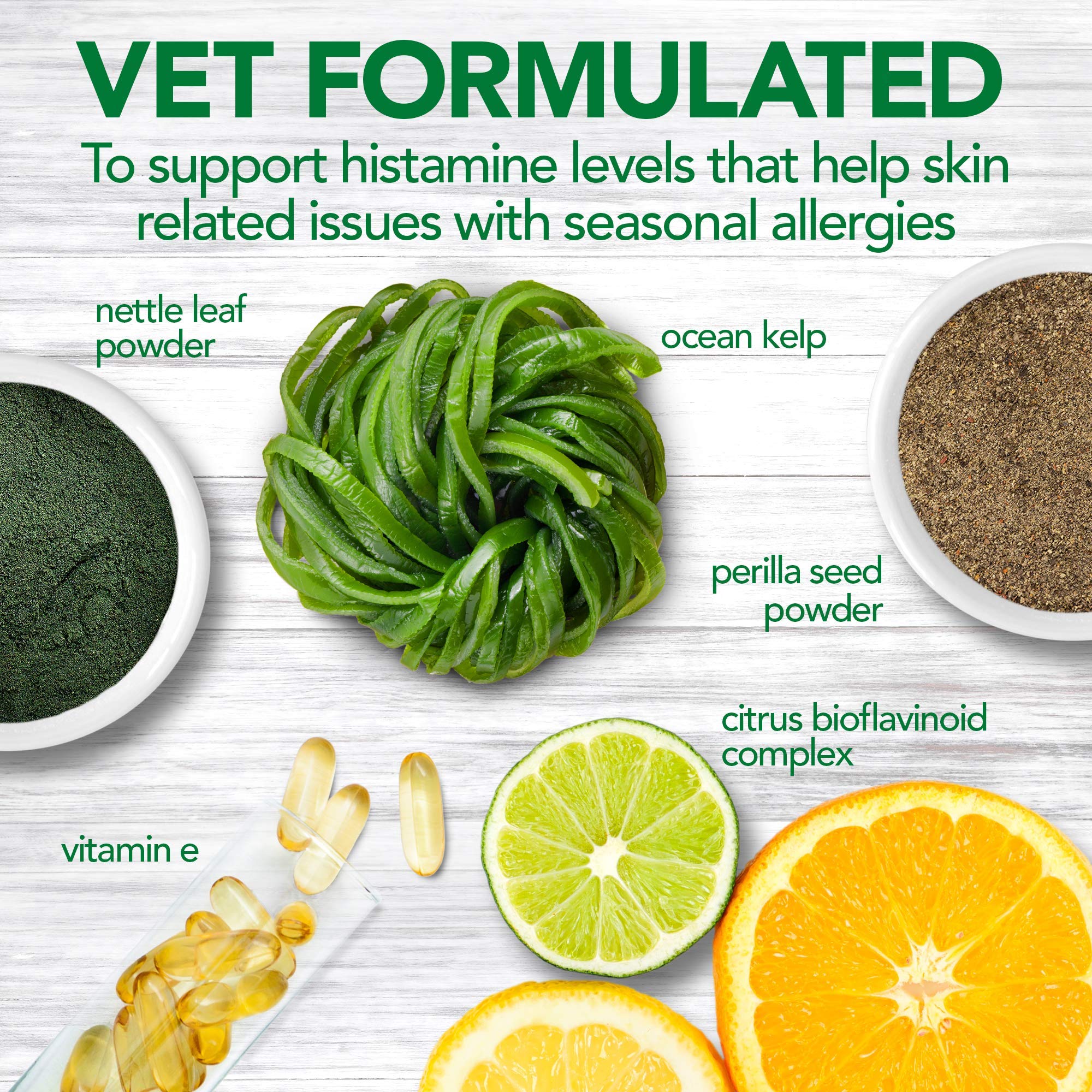 Vet's Best Alergias Estacionales, ingredientes naturales destacados en la etiqueta.