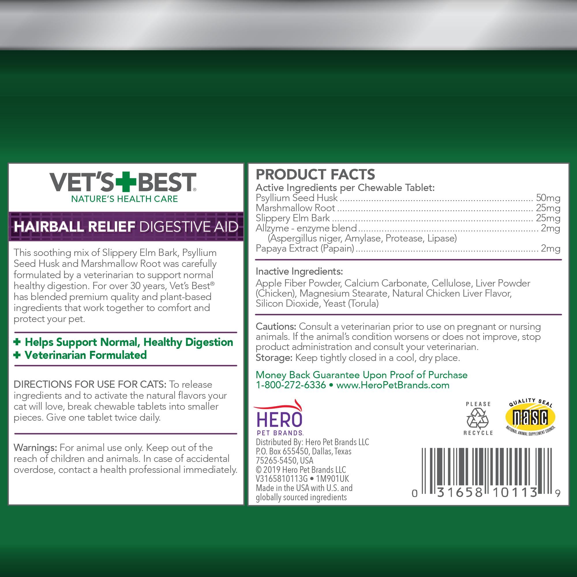 Vet's Best Cat Hairball Relief: tabletas masticables de pollo para digestión suave.