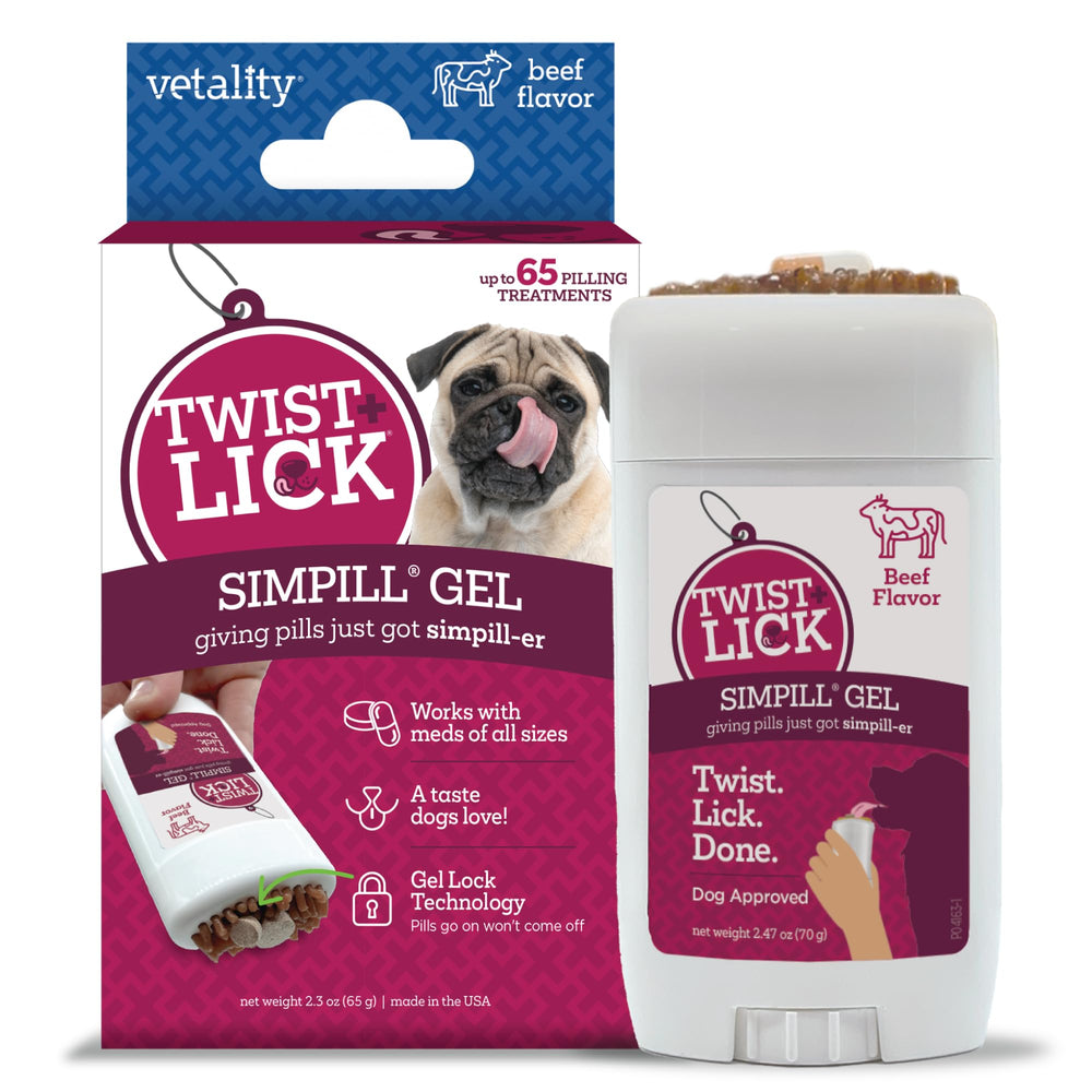 Vetality Twist + Lick SimPill, empaque visible, facilita el cuidado diario de tu perro.
