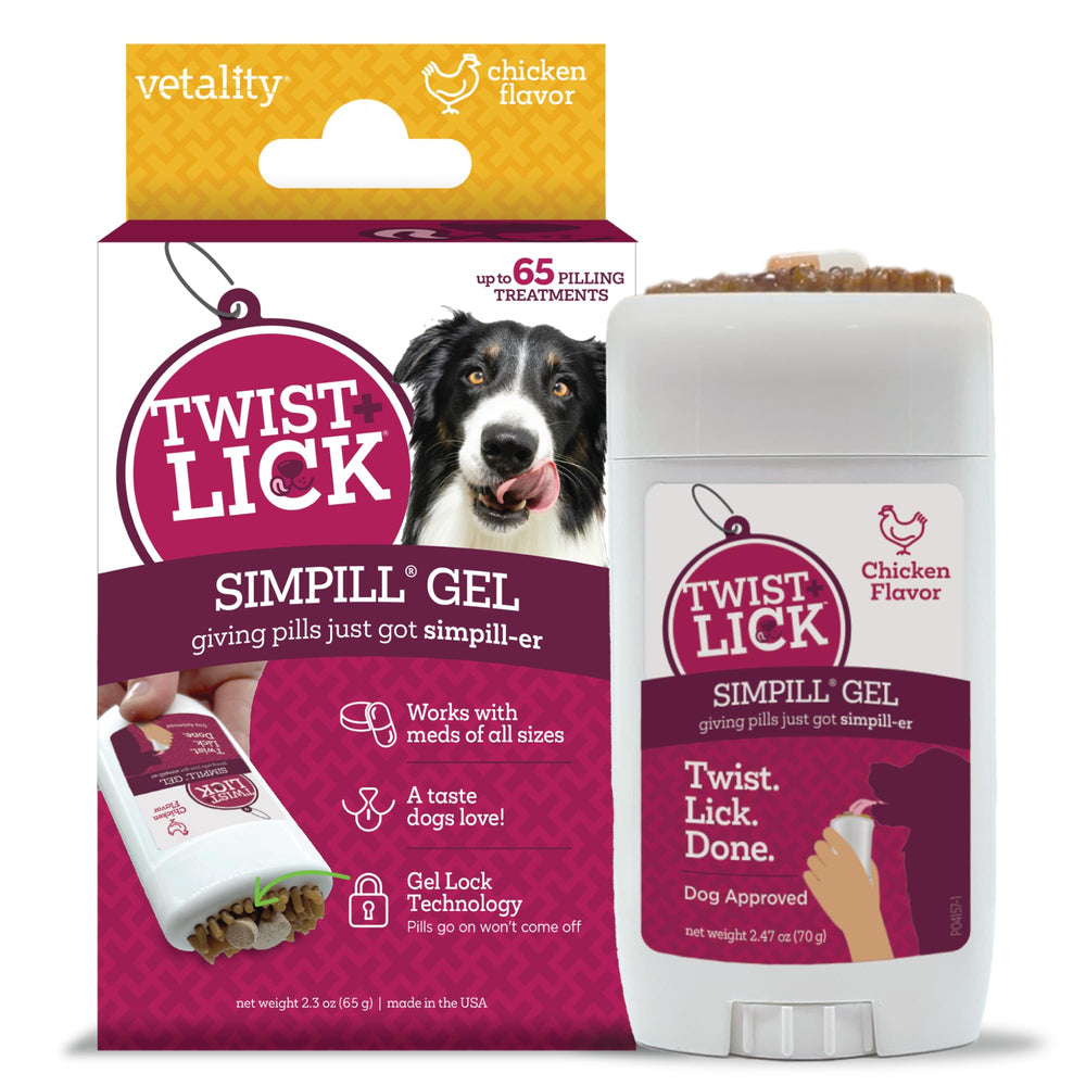 Vetality Twist + Lick SimPill, envase de píldoras y manejo fácil para perros.