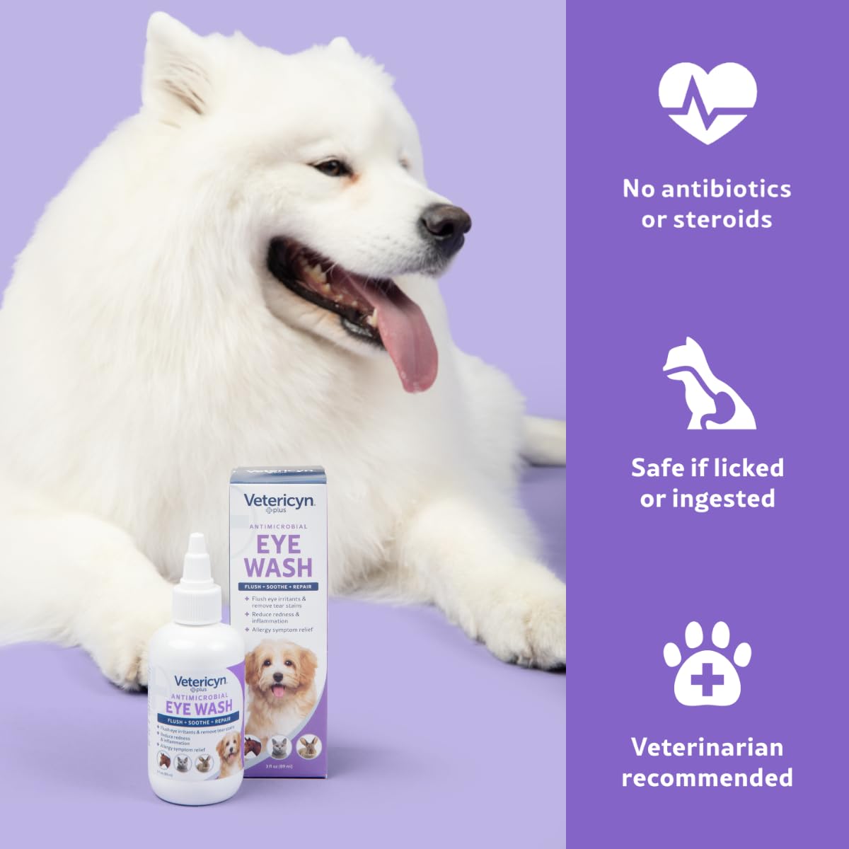 Vetericyn Plus Sin antibióticos, opción segura para ojos de mascotas.