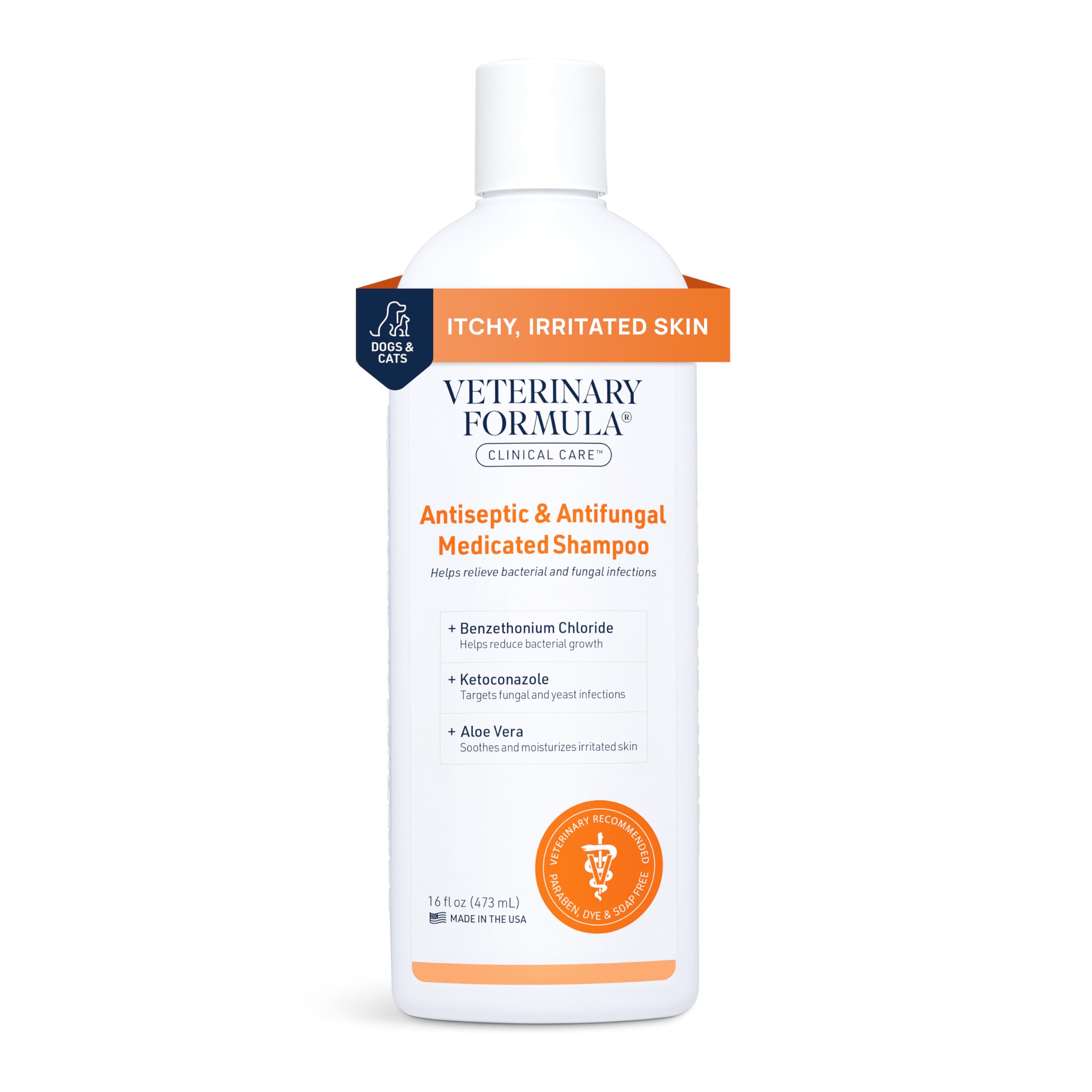 Veterinary Formula Clinical Care champú antiseptico para perros y gatos, botella visible, alivio de irritación