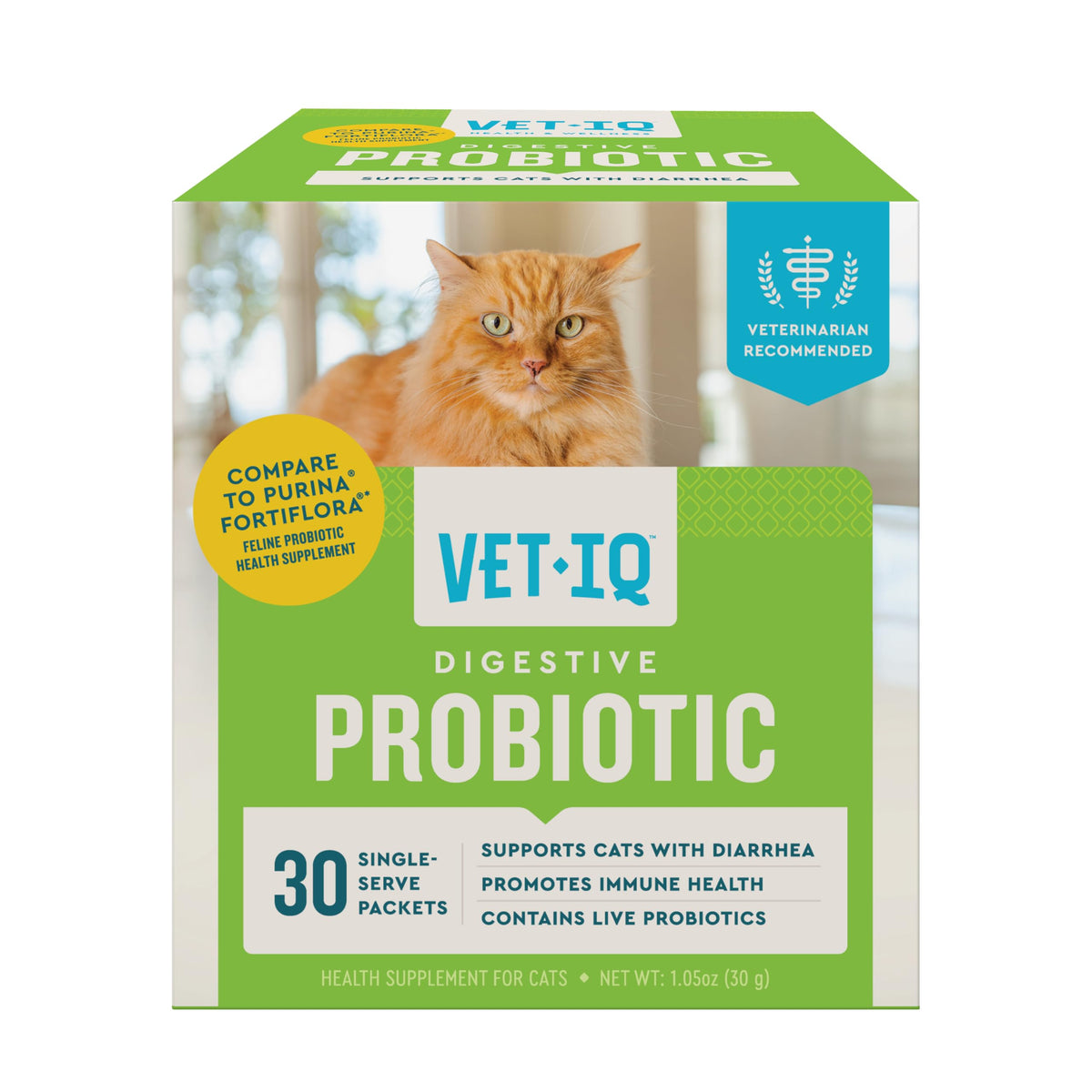 VetIQ probiótico para gatos, polvo en sobres, mejora la salud digestiva diaria.