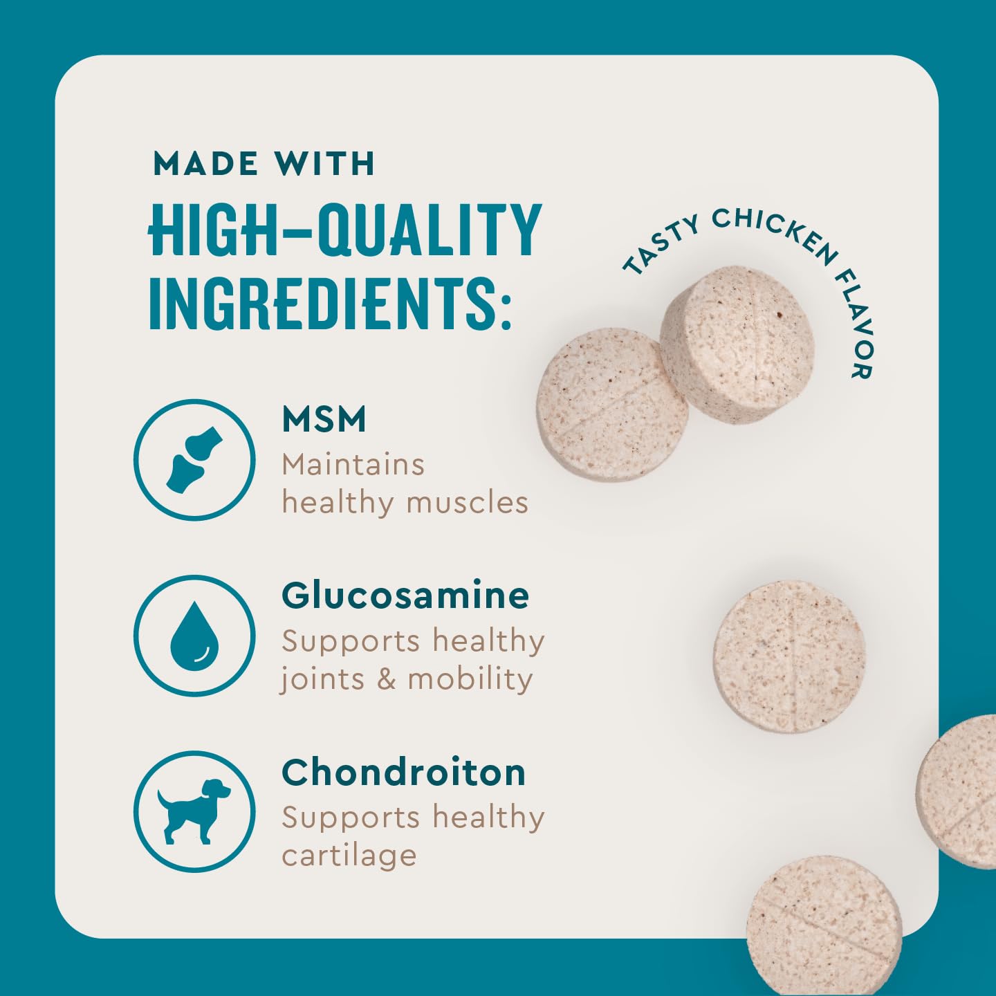 VetIQ glucosamina, condroitina y MSM, ingredientes para la salud articular.
