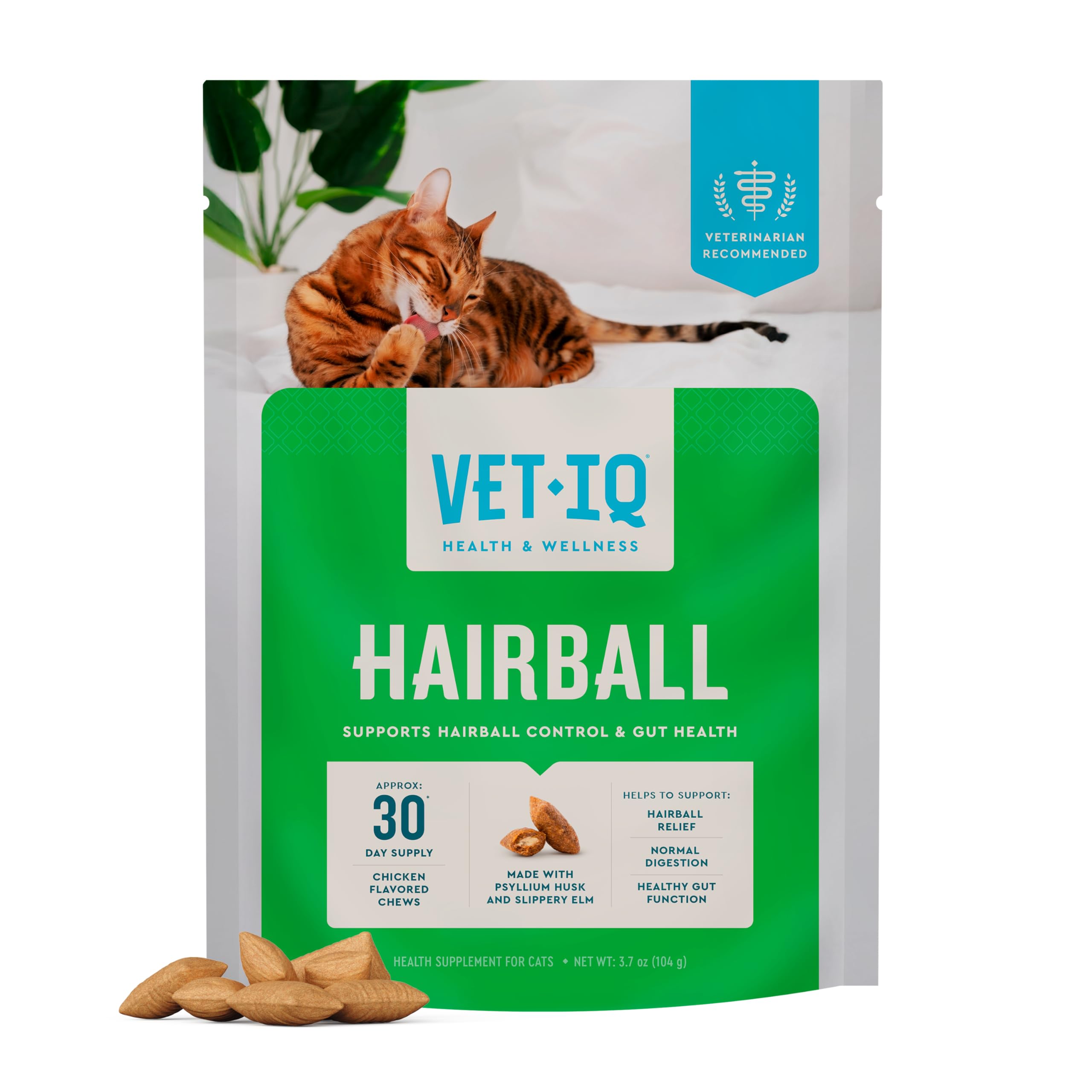 VetIQ Hairball envase de 3.7 oz para gatos, práctico para el cuidado diario.
