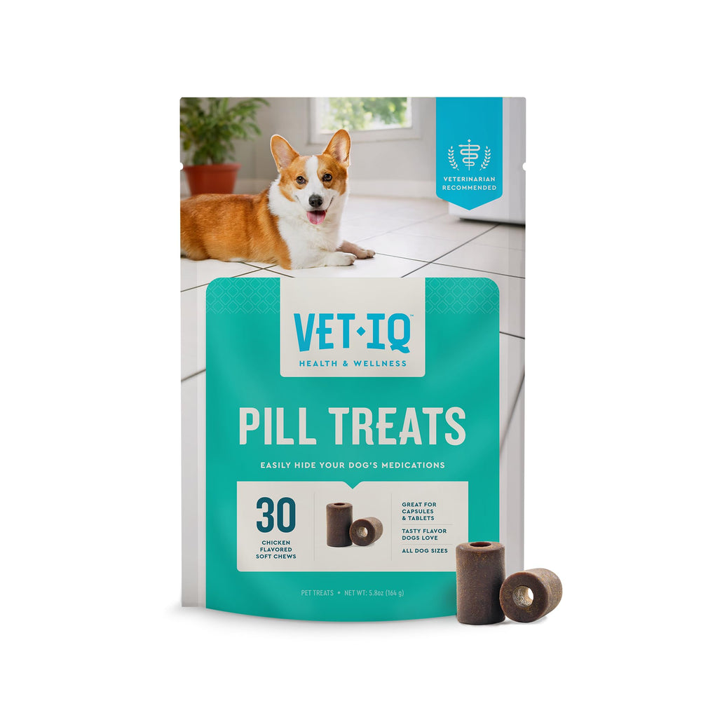 VetIQ pastillas para perros, paquete visible, premio práctico para medicación diaria.