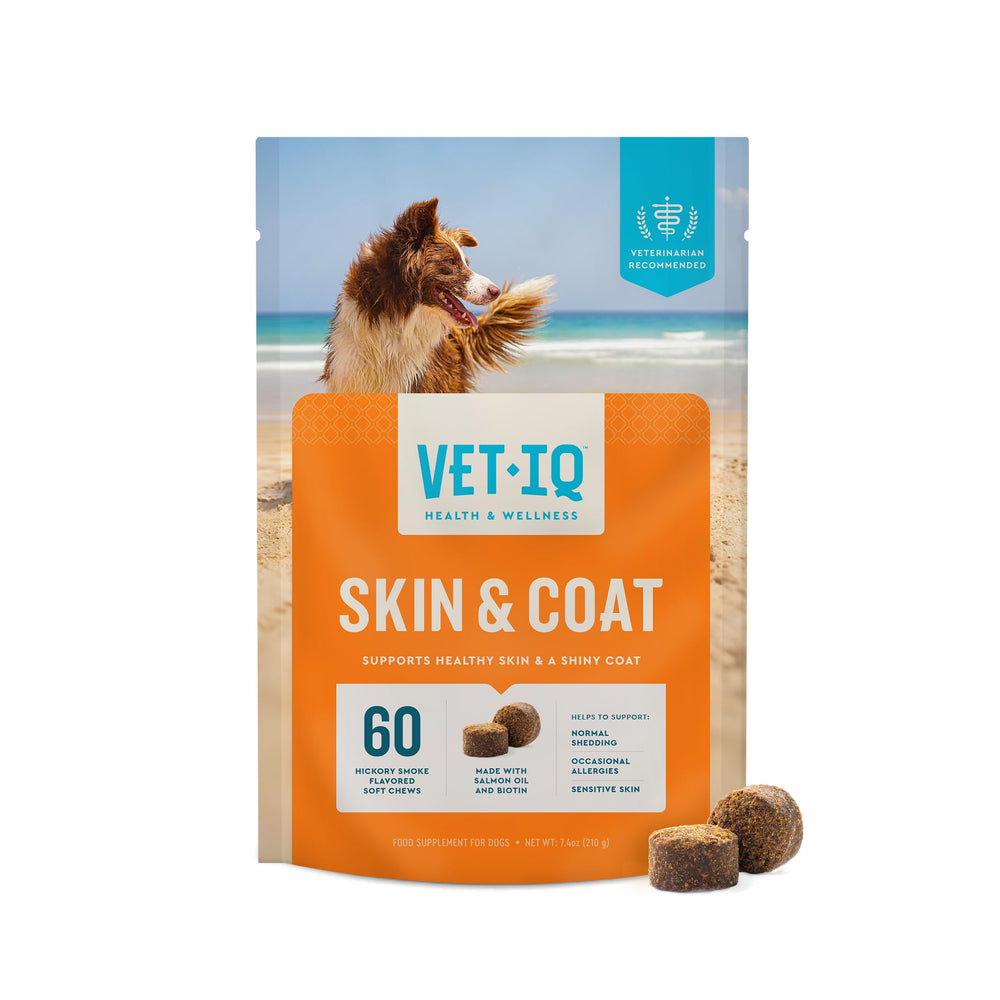 VetIQ: envase del suplemento para perro, fácil de incorporar en la rutina diaria.