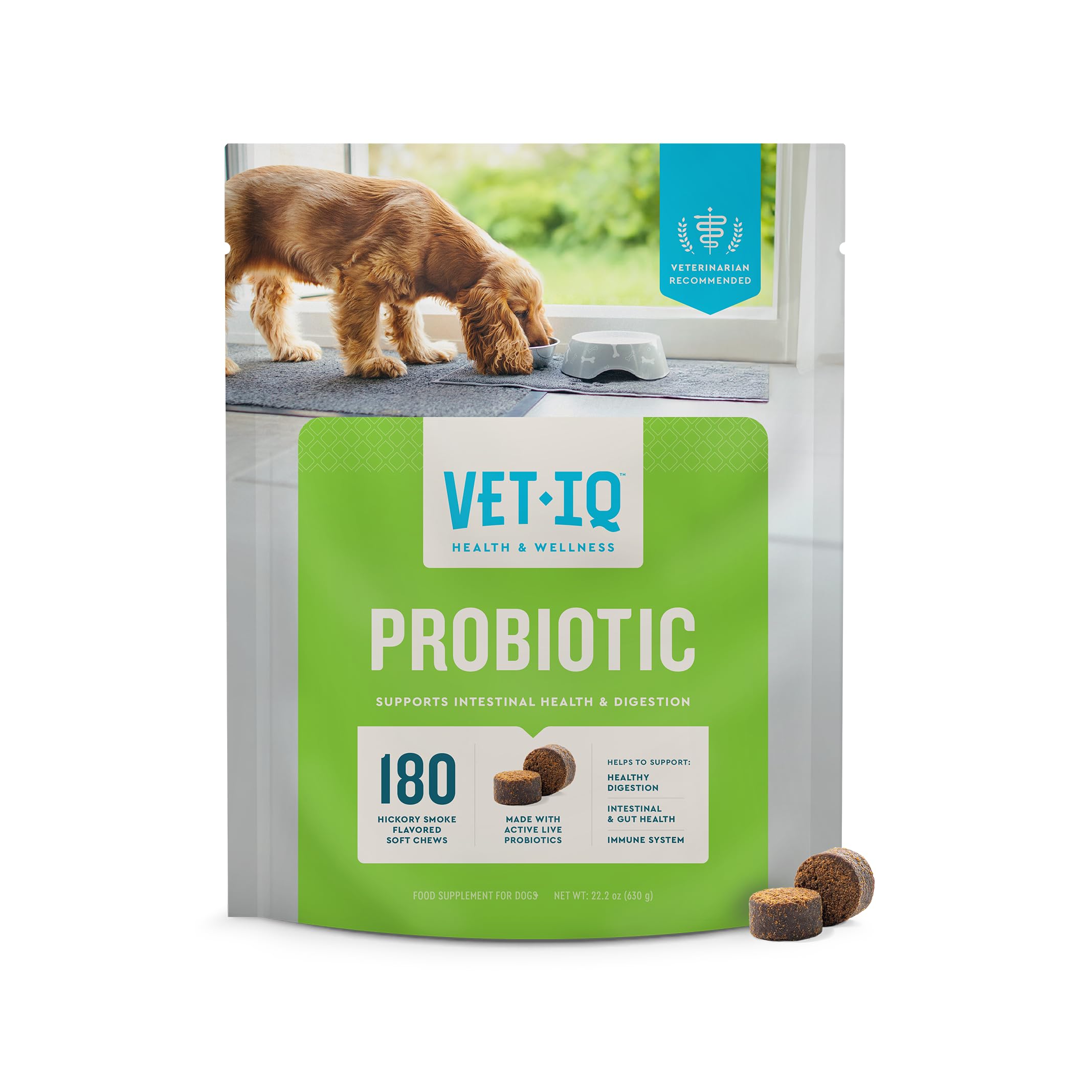 VetIQ Probiotic para perros, botella de masticables, facilita la administración diaria.
