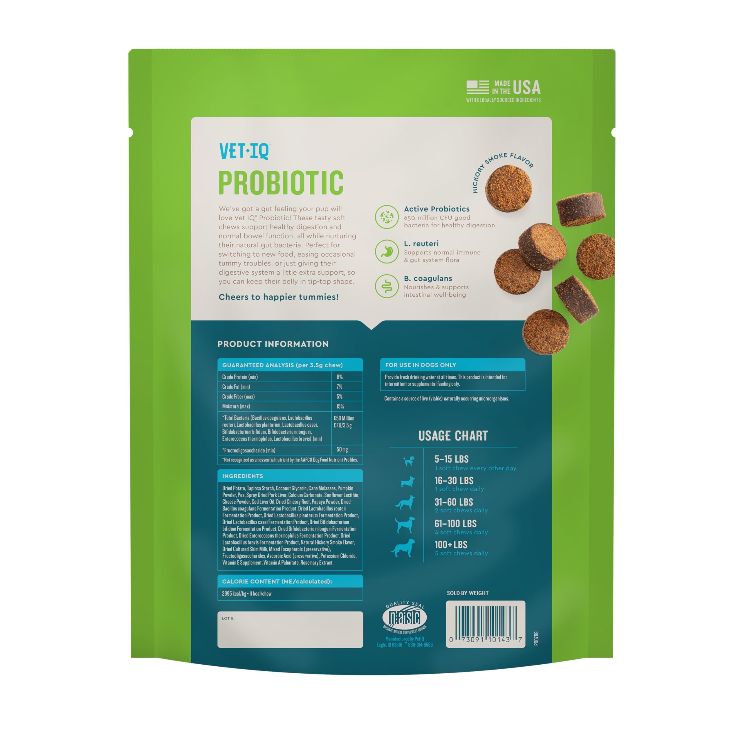 Producto VetIQ Probiotic, hecho en EE. UU. y registrado NASC.
