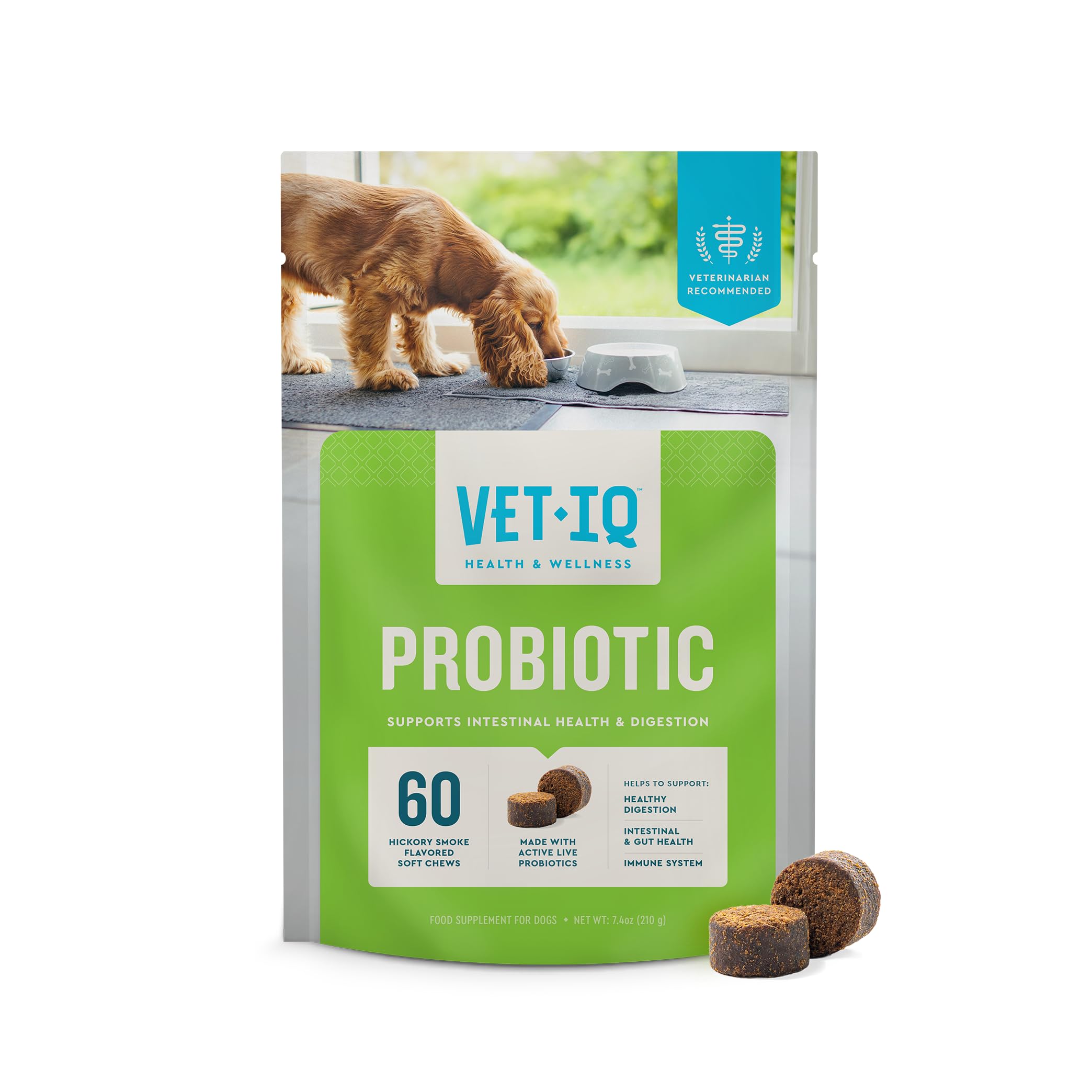 VetIQ probiótico para perros: masticables digestivos para apoyo intestinal diario.
