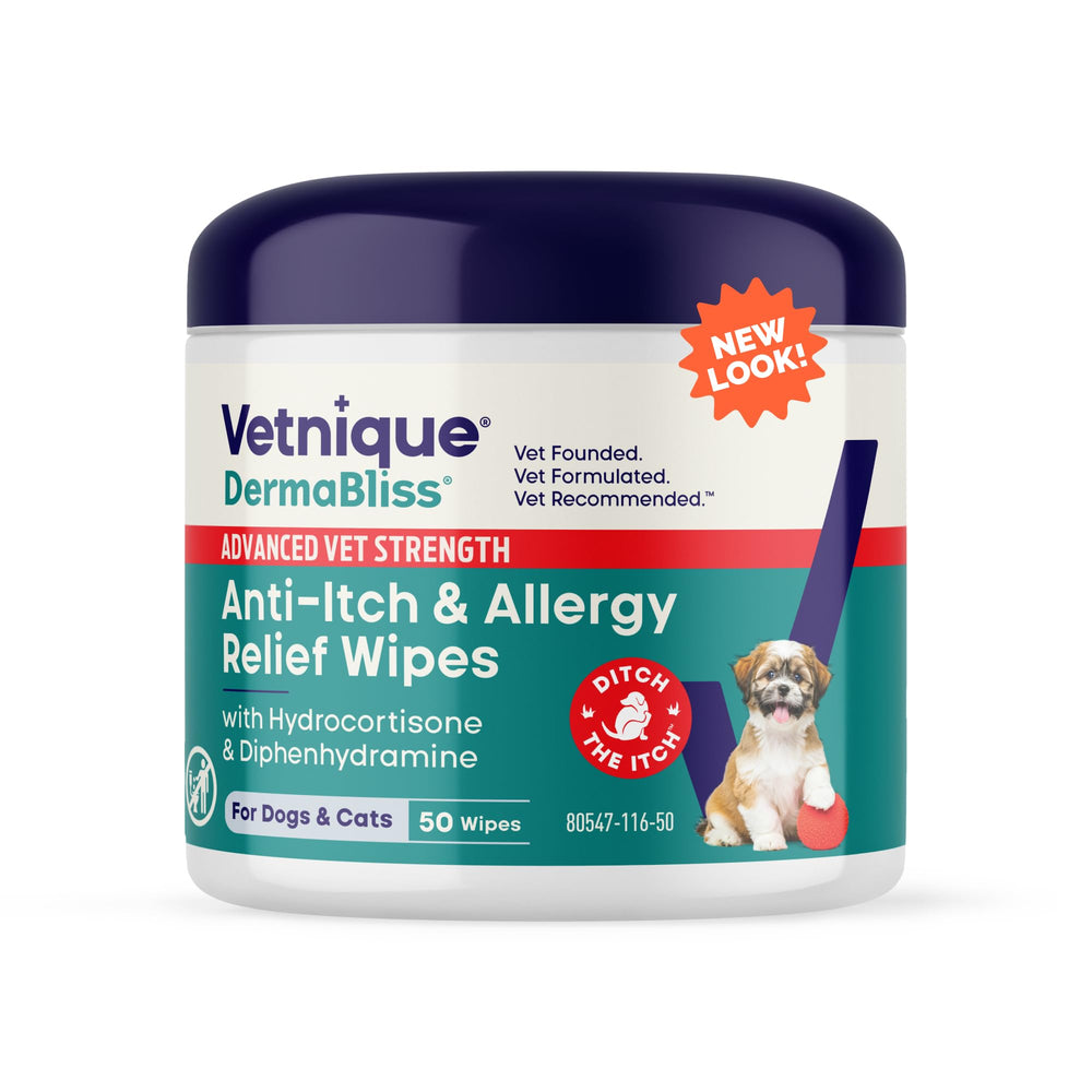 Vetnique Dermabliss: toallitas 3-en-1 para perros, limpieza suave y conveniente.