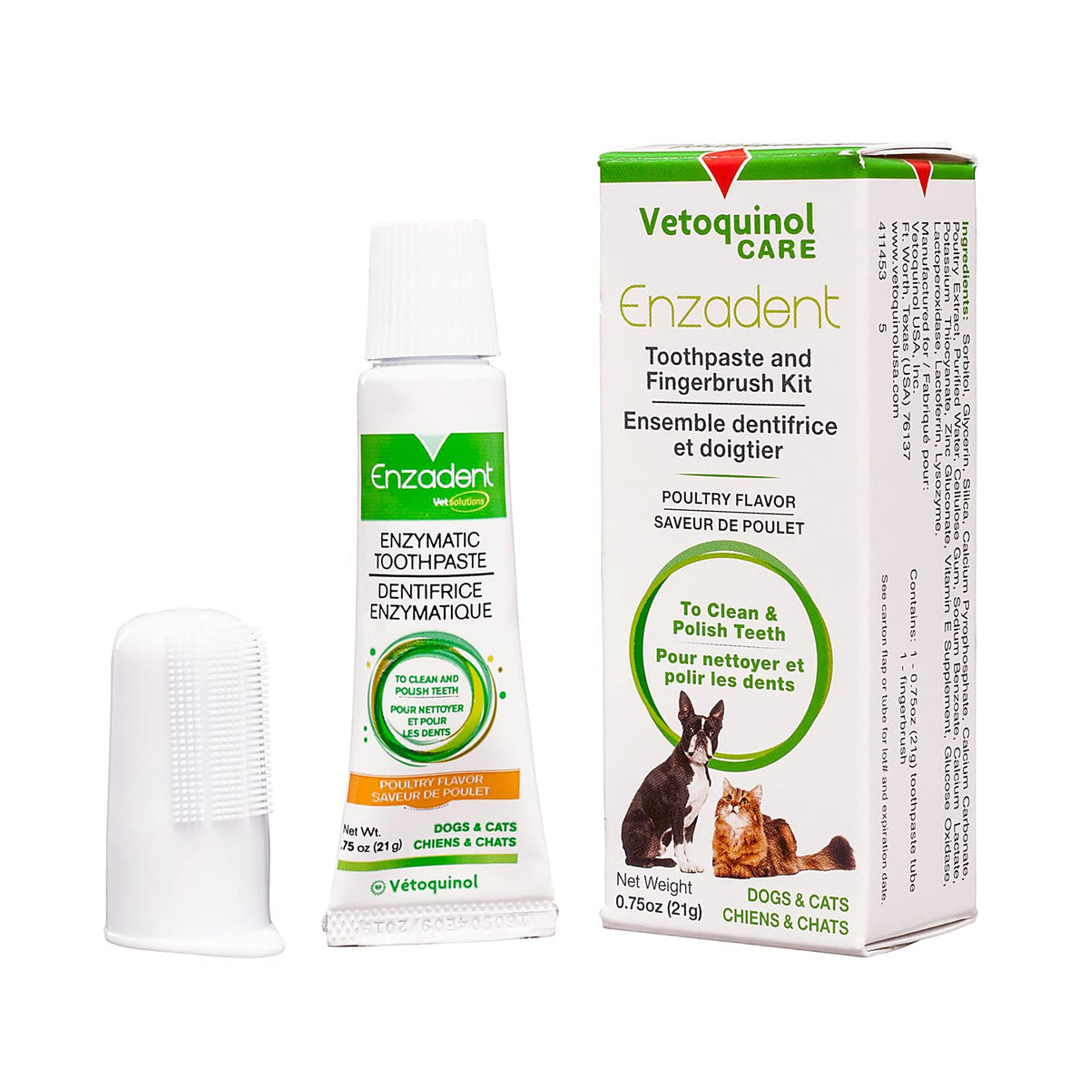 Vetoquinol Enzadent kit dental enzimático para gatos y perros, cepillo dedo incluido, facilita limpieza diaria