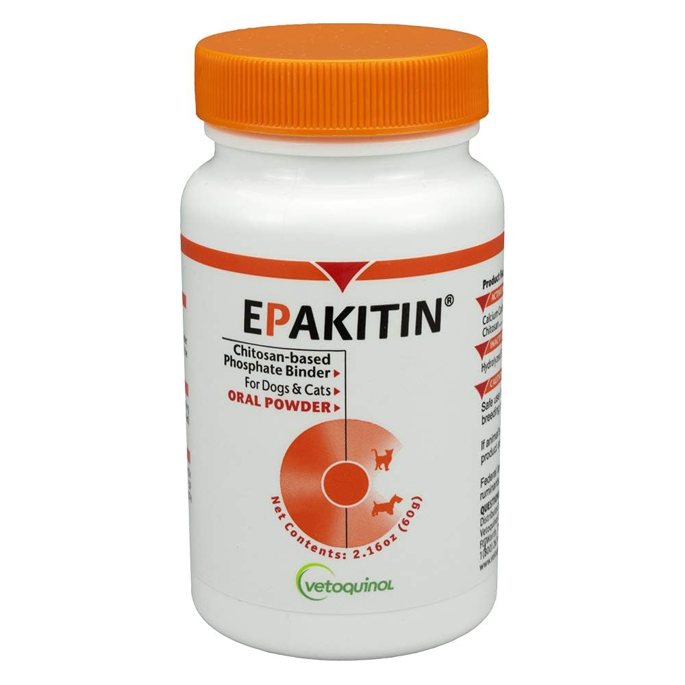 Vetoquinol Epakitin 60 g en envase, posible apoyo a la salud renal de perros y gatos.