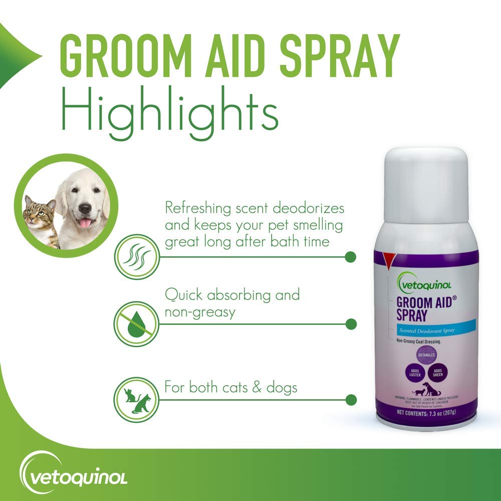 Spray de Groom-Aid para aplicación rápida en el pelaje de mascotas.
