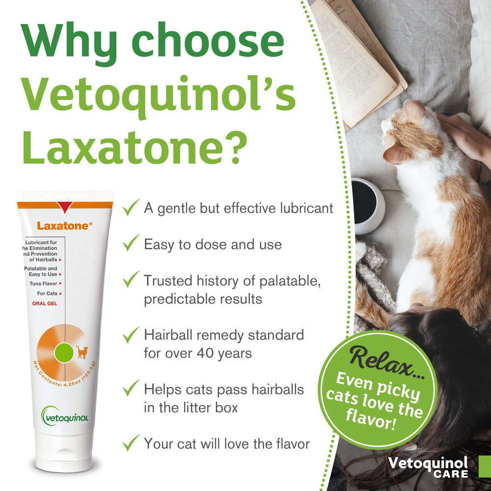 Laxatone de Vetoquinol, aplicación diaria para gatos, ayuda a lubricar el paso de pelos.