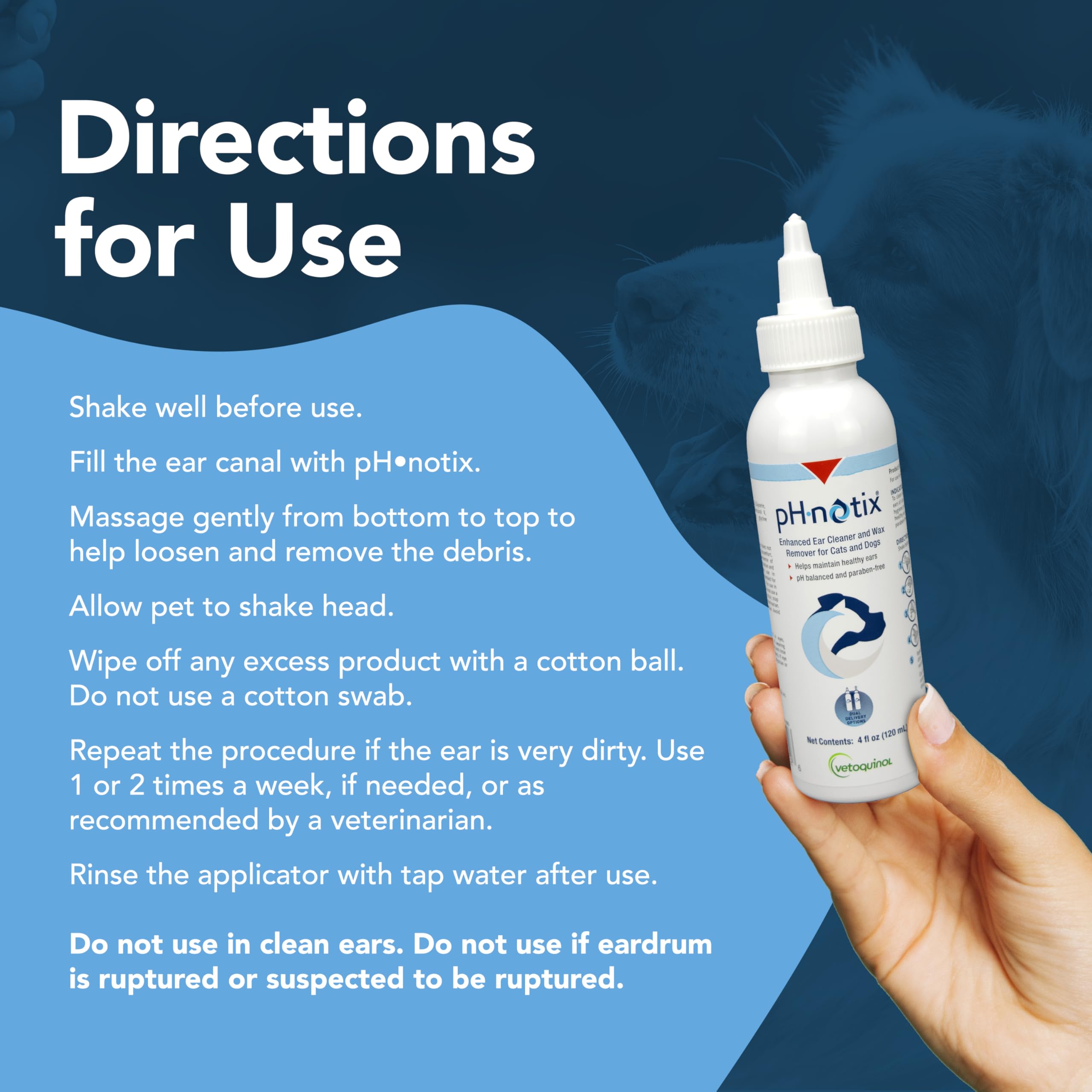 Perro usando Vetoquinol pH•notix para limpieza suave de oídos.
