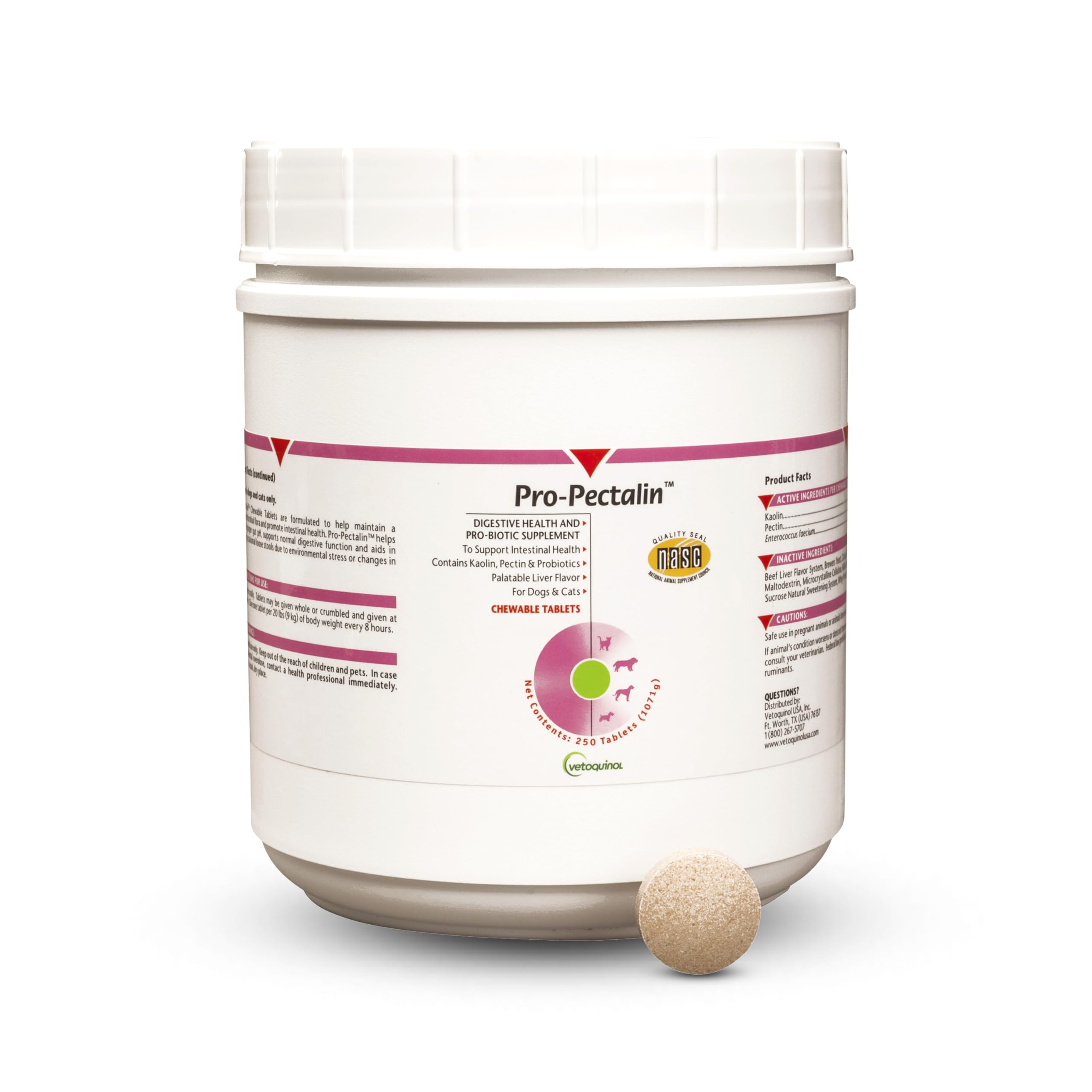 Vetoquinol Pro-Pectalin en frasco, tabletas masticables para diarrea ocasional de perros y gatos.