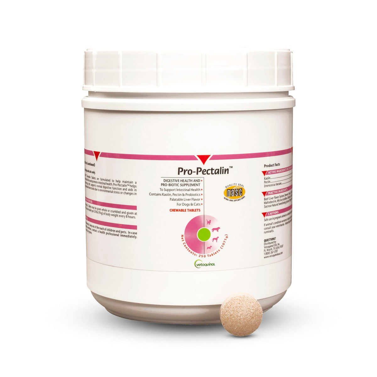 Vetoquinol Pro-Pectalin en frasco, tabletas masticables para diarrea ocasional de perros y gatos.