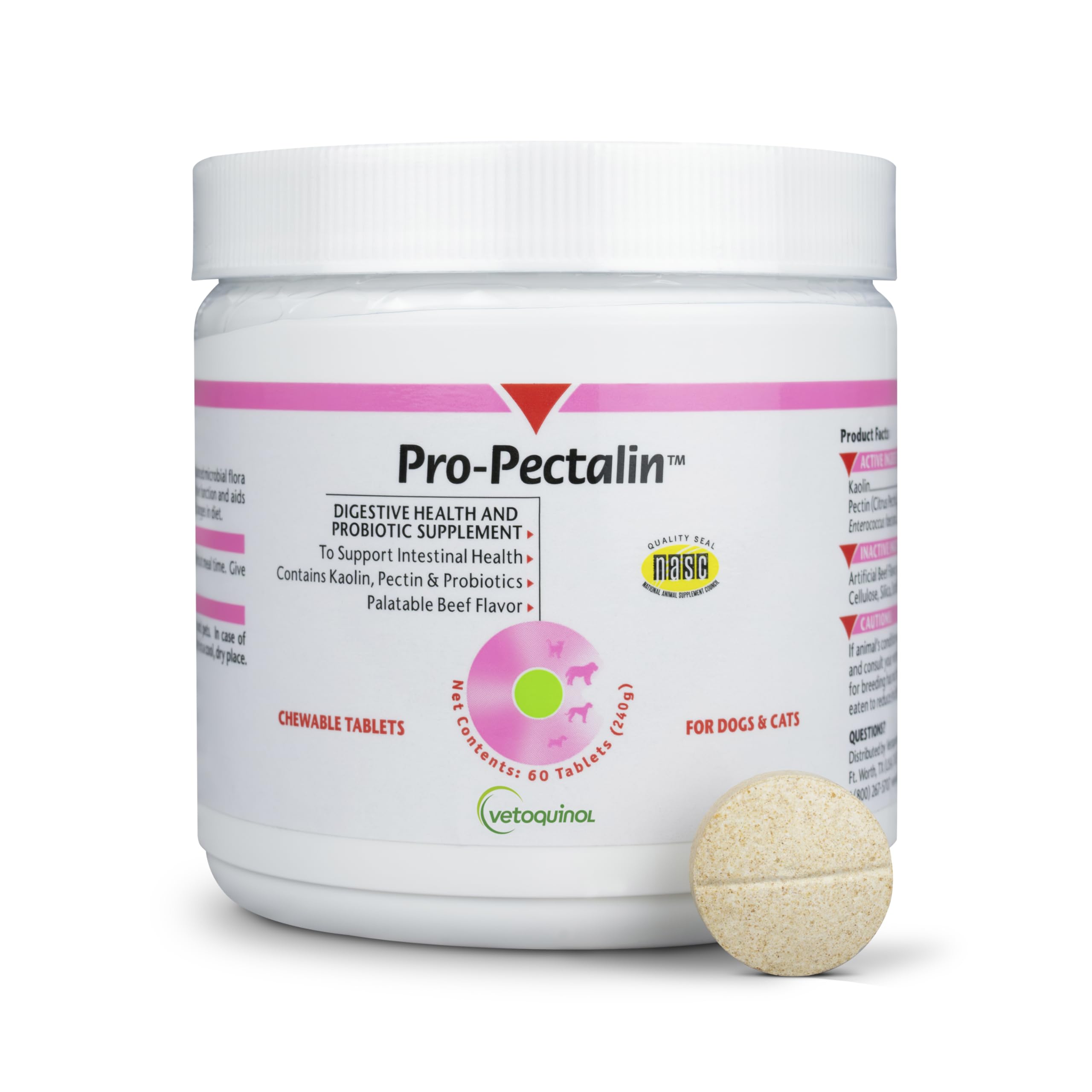 Vetoquinol Pro-Pectalin, empaque práctico de 60 tabletas para perros y gatos.