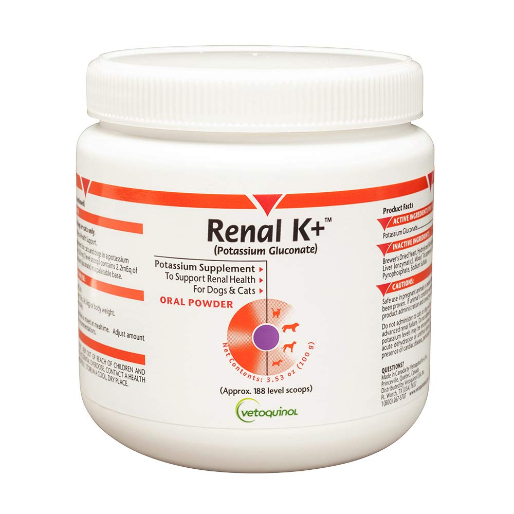 Vetoquinol Renal K+ polvo empaque para perros y gatos apoya la salud renal normal