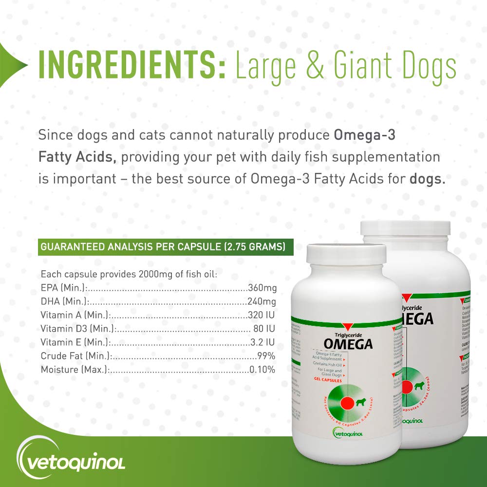 Vetoquinol Triglicerido Omega-3 apoya piel y pelaje saludables en perros grandes.