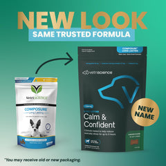 VetriScience Calma y Confianza, sabor a pollo para perros felices y tranquilos.