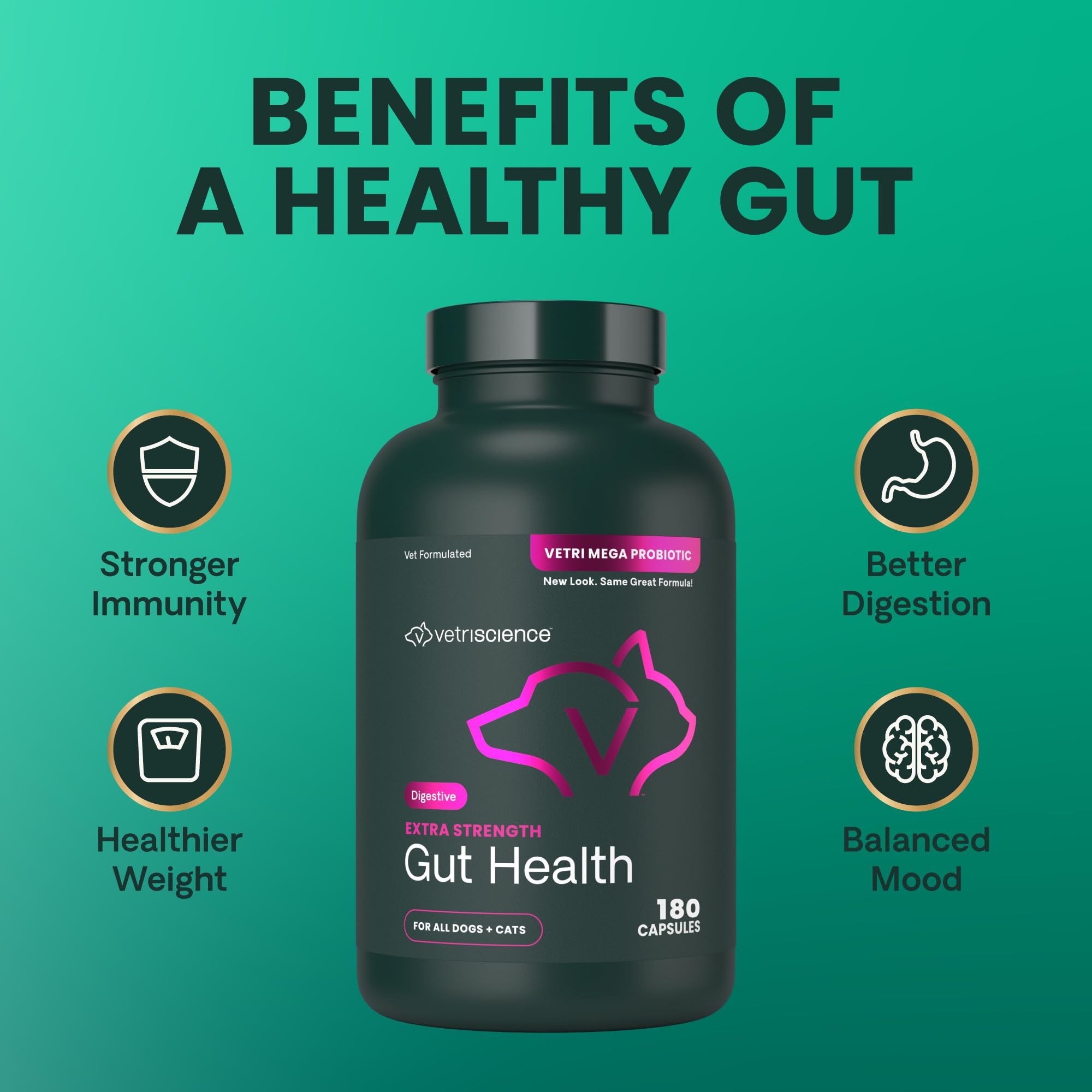 VetriScience Gut Health: prebióticos FOS para alimentar bacterias benéficas