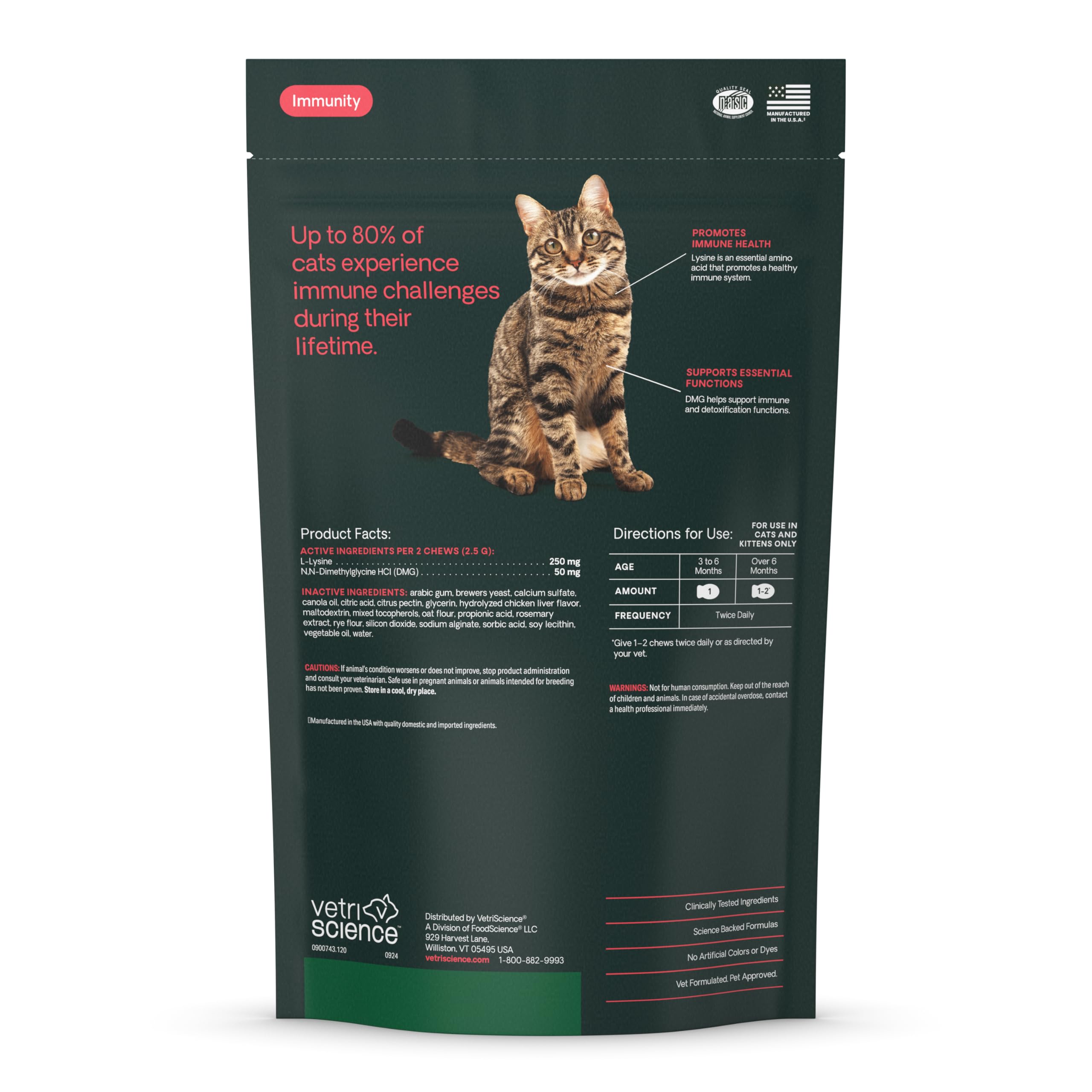 Gato con VETRISCIENCE Lisina Inmunidad Salud, gomitas que favorecen el bienestar general.