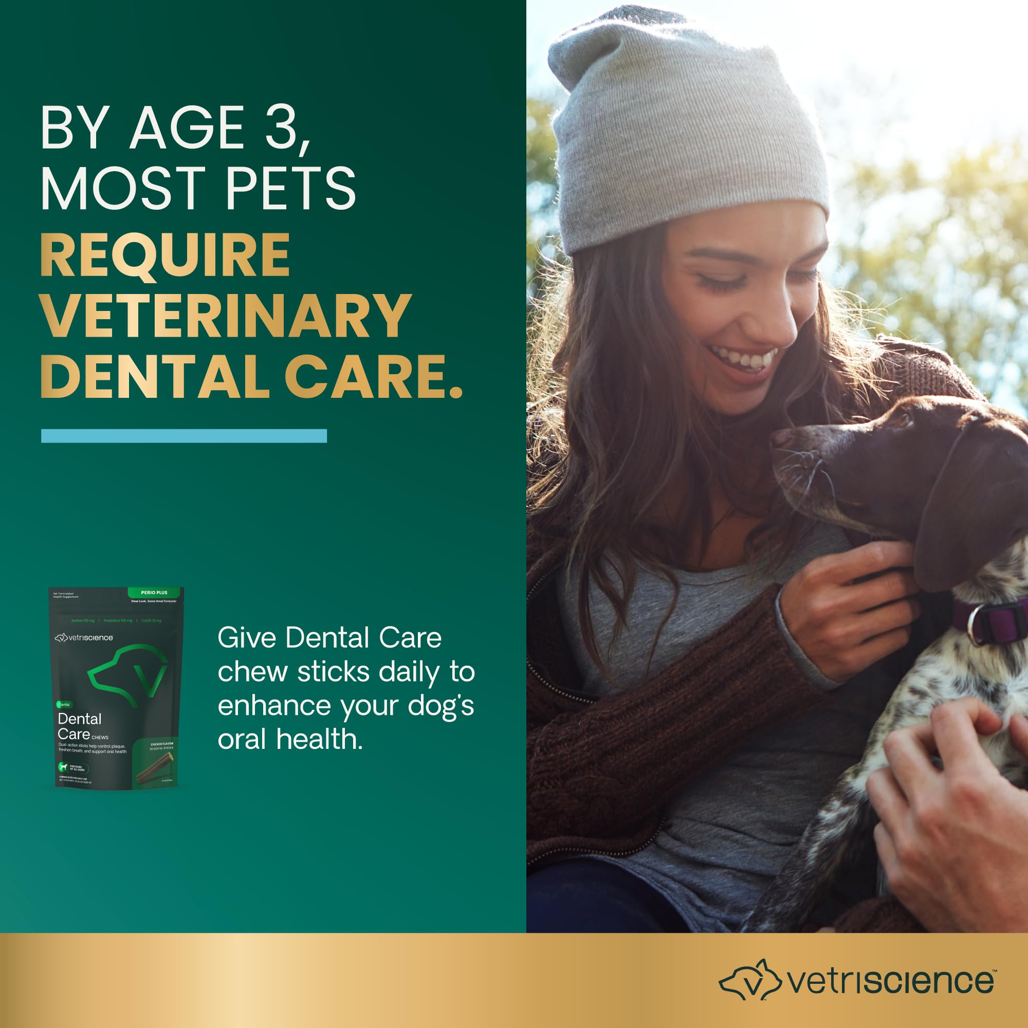 VetriScience Perio Plus Stix, capa externa crujiente y centro suave.