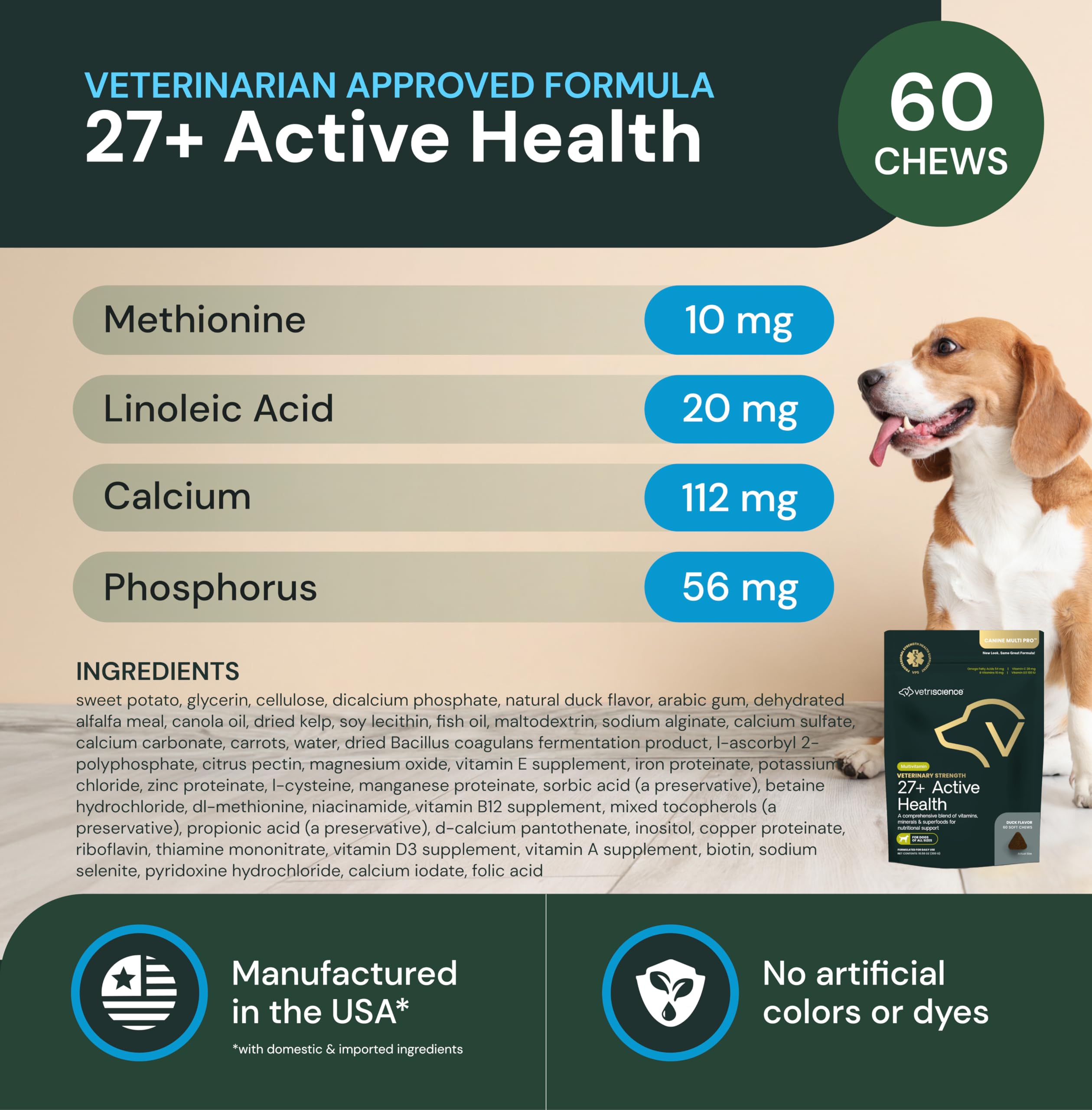 Sabor pato en masticables VetriScience para energía diaria del perro.