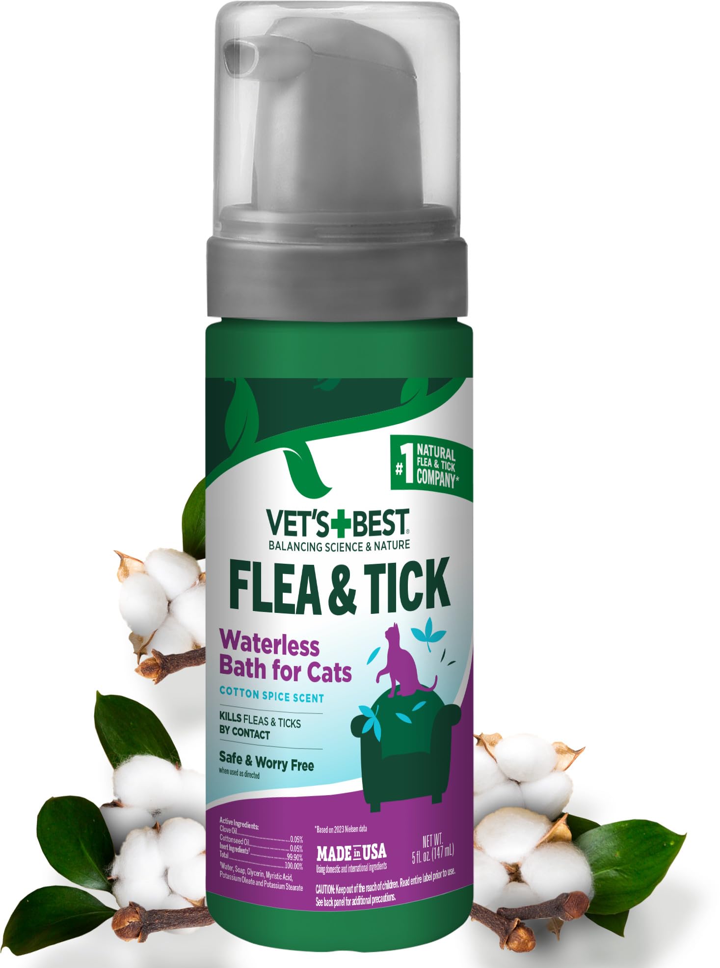 Vet's Best champú seco sin enjuague para gatos, limpieza rápida sin mojar.