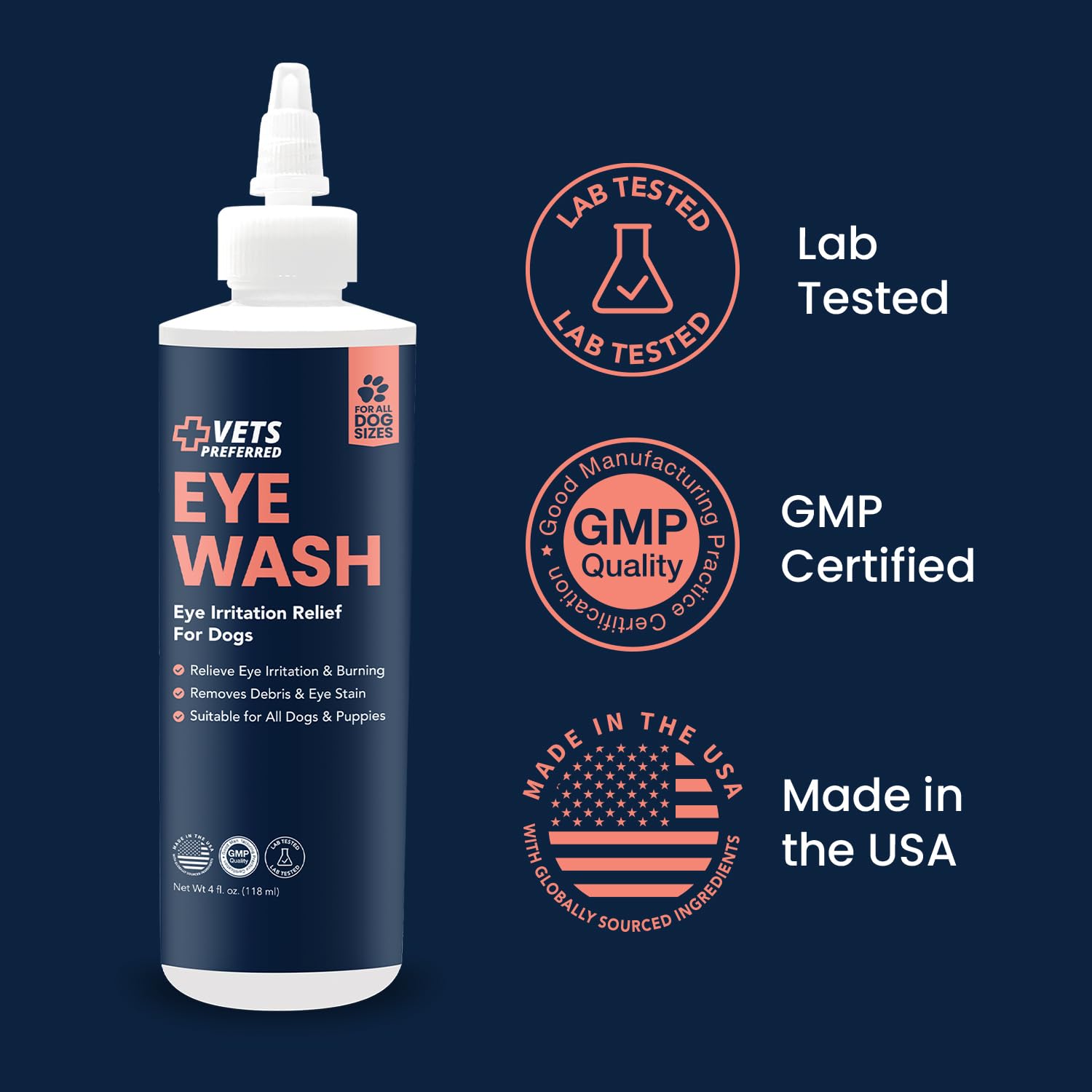 Vets Preferred daily-use eye wash offers a mild rinse for sensitive eyes.