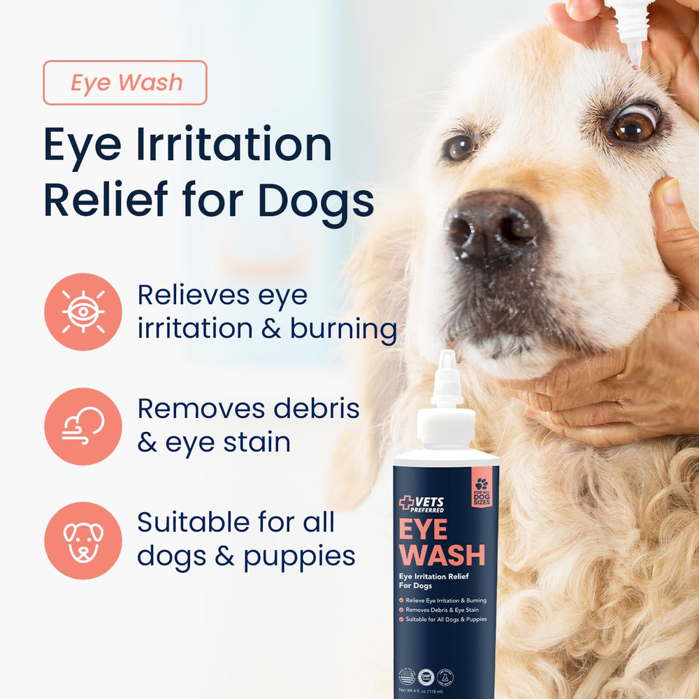 Vets Preferred dog eye wash drops provide soothing relief for irritated eyes.