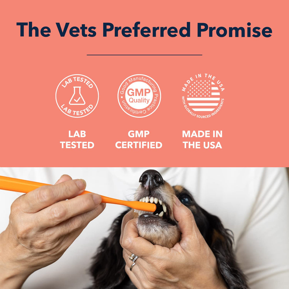 Aliento fresco tras el cepillado con pasta dental Vets Preferred.
