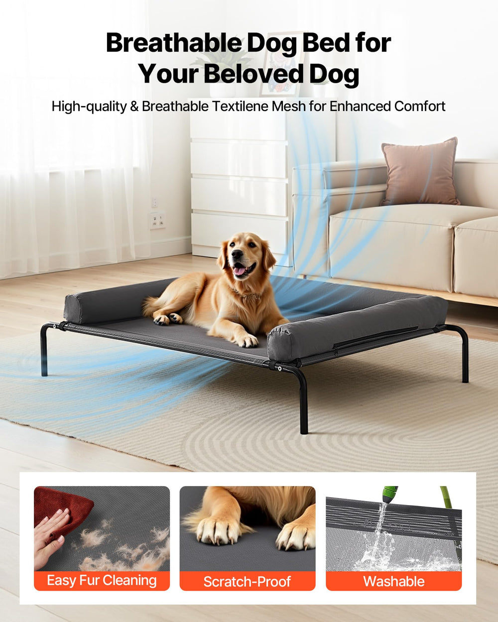 VEVOR cama elevada destaca peso estable y soporte firme para mascotas grandes.