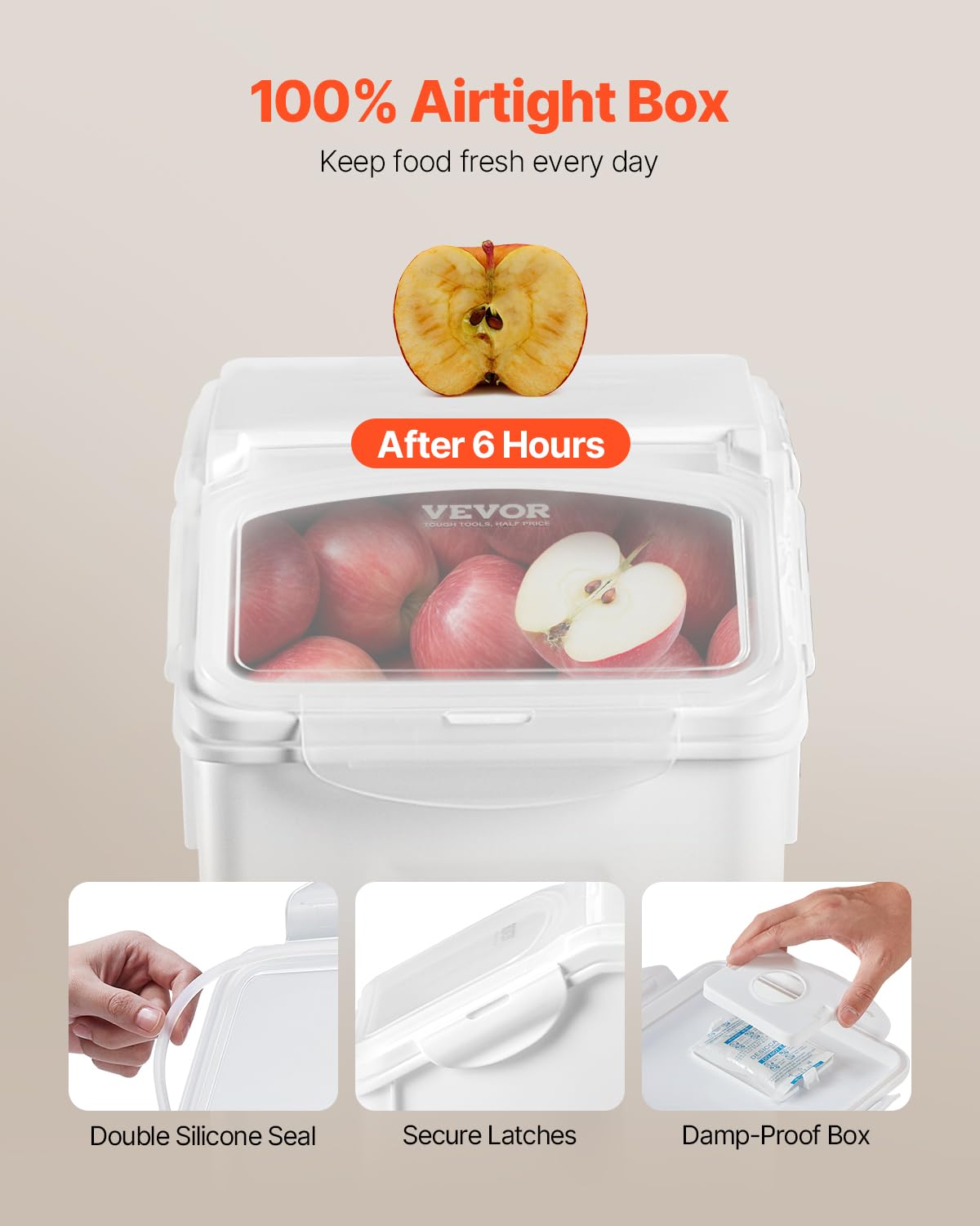 VEVOR contenedor arroz 20L, sello aire doble, ayuda a mantener la frescura y la humedad controlada.