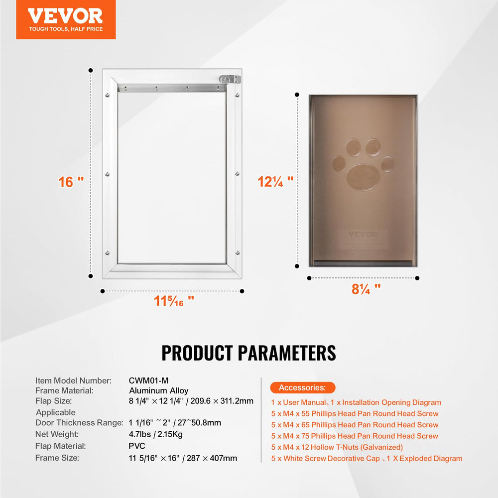 VEVOR pet door fits doors 1.06 to 2 inches thick