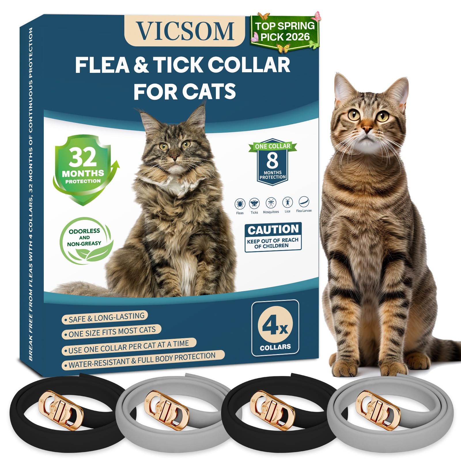 VICSOM collar antipulgas para gatos, ajuste cómodo y protección de 32 meses con el pack.