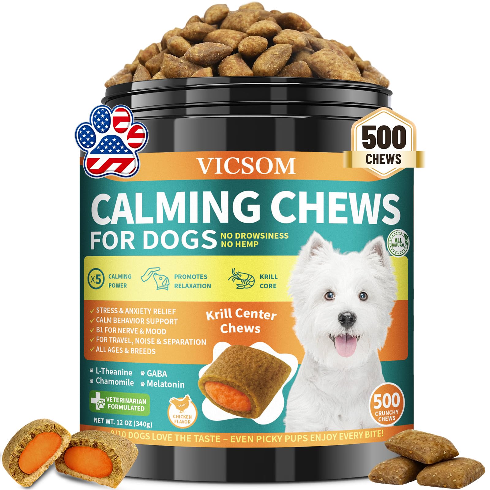 VICSOM en bote de 500, golosinas calmantes para perros, ideal para uso diario.