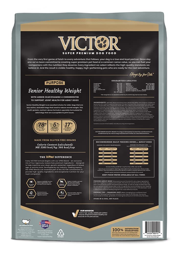 VICTOR Alimento premium Senior, enfoque en proteínas de origen animal para energía.