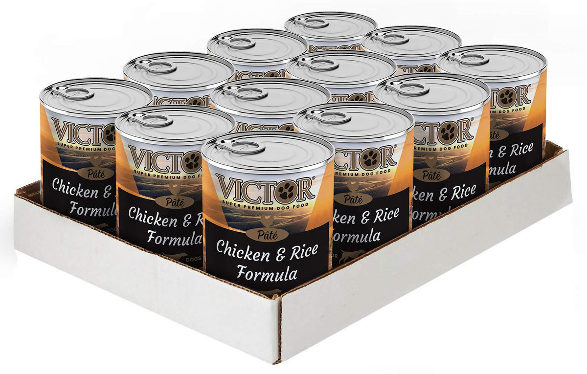 VICTOR paté de pollo y arroz, textura suave para mordidas sensibles.