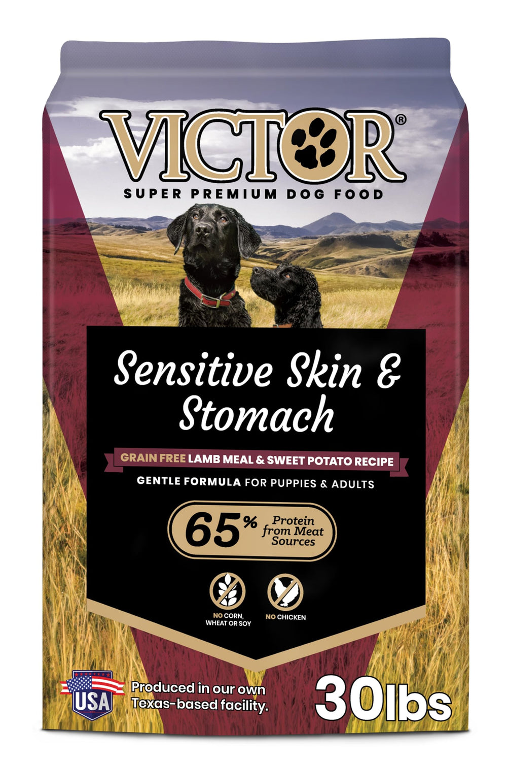 VICTOR alimento para perros con piel sensible, vista frontal de la bolsa sugiere digestión suave.