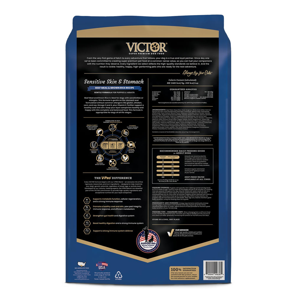 VICTOR croquetas con carne de res como proteína principal apoyan masa muscular.