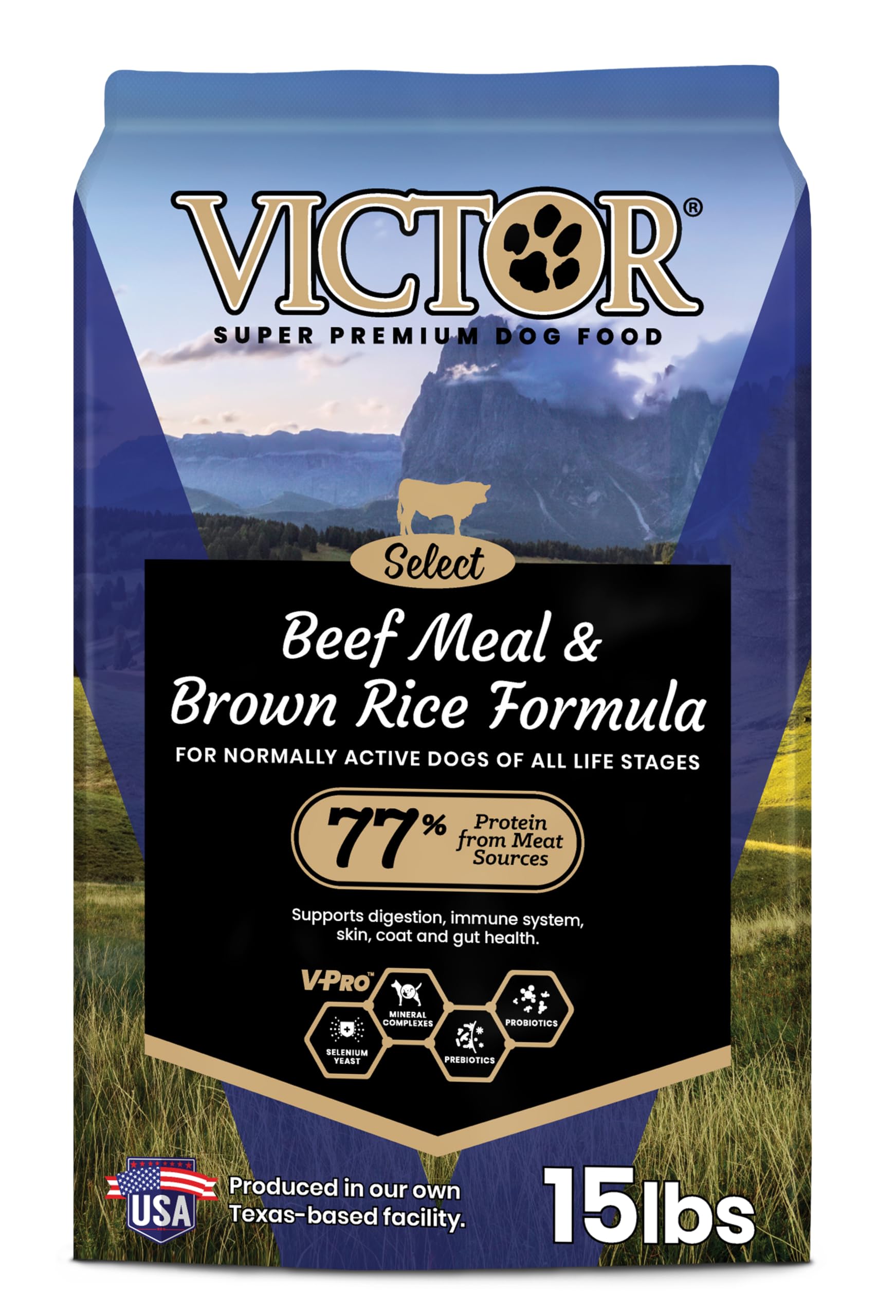 VICTOR Selección carne de res con arroz integral; trozos visibles para perros activos.