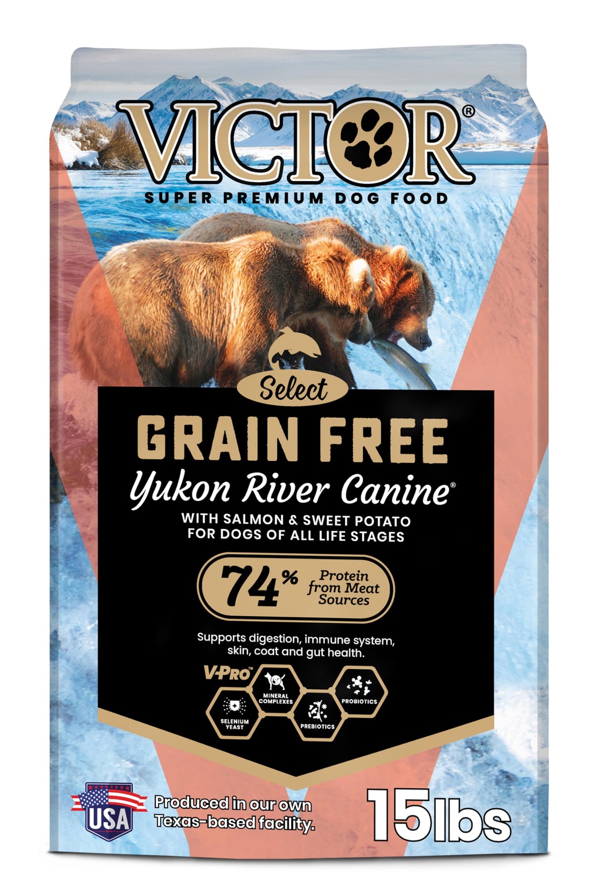 VICTOR Yukon River sin granos bolsa; croquetas de proteína para perros activos.