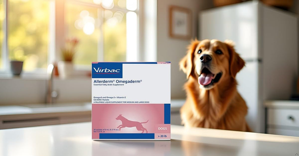 Virbac ALLERDERM Omega, perro disfrutando la comida con suplemento.