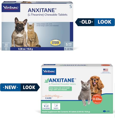 Virbac ANXITANE frasco de tabletas para relajación de mascotas durante viajes.